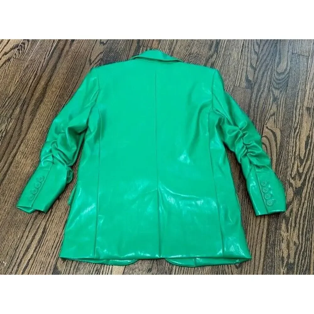 Generation Love Millie Vegan Leather Blazer Ruched Sleeves Notch Lapel Green XS‎
